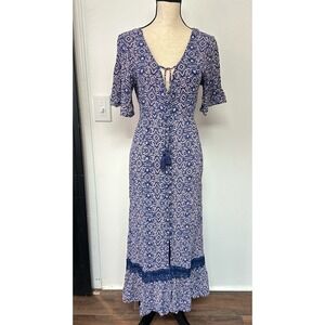 ARTESIA Blue Pink Patterned Midi Dress Boho Festival Lace Trim Tie Neck Size M